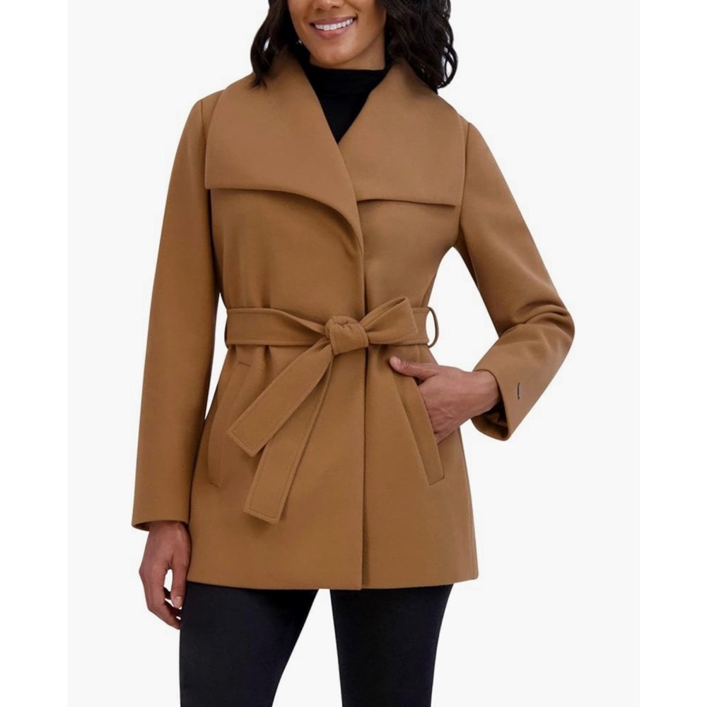 NWT Tahari Tan Camel Wide Collar Shawl Tie Belt Pea Wrap Coat Jacket Faux Wool S - Picture 3 of 15